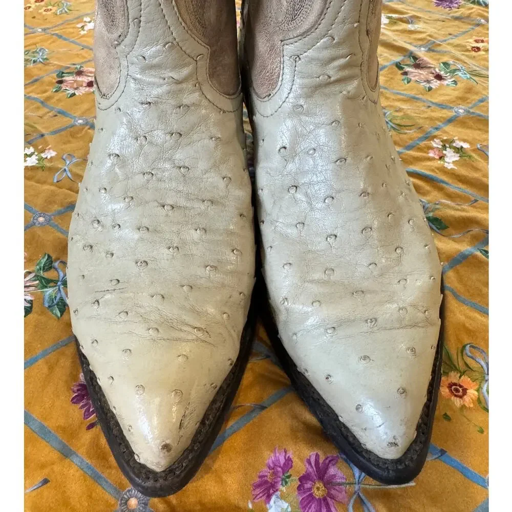 Vintage Tony Lama 8863 Full Quill Ostrich Cowboy Boots Bone Ivory USA Men 8.5 EE